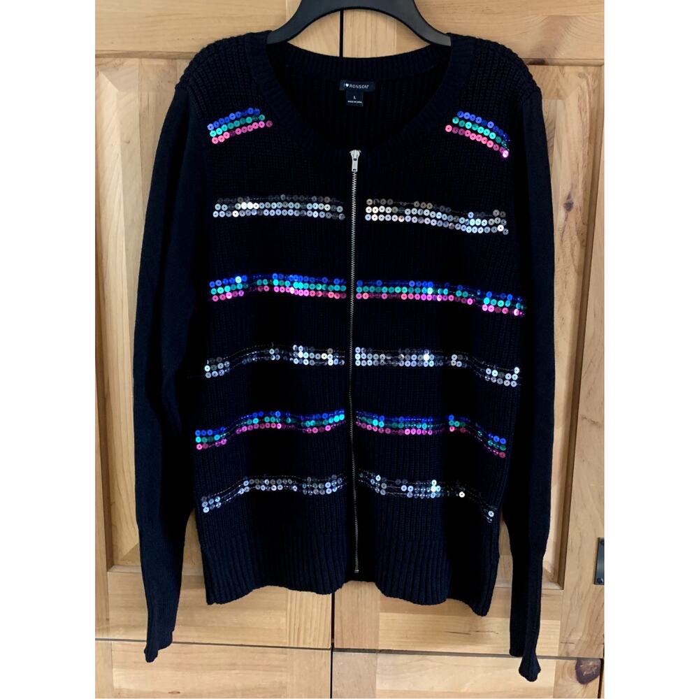 Black Cable Knit Sweater Cotton Blend Zip Front Color Sequins Size L